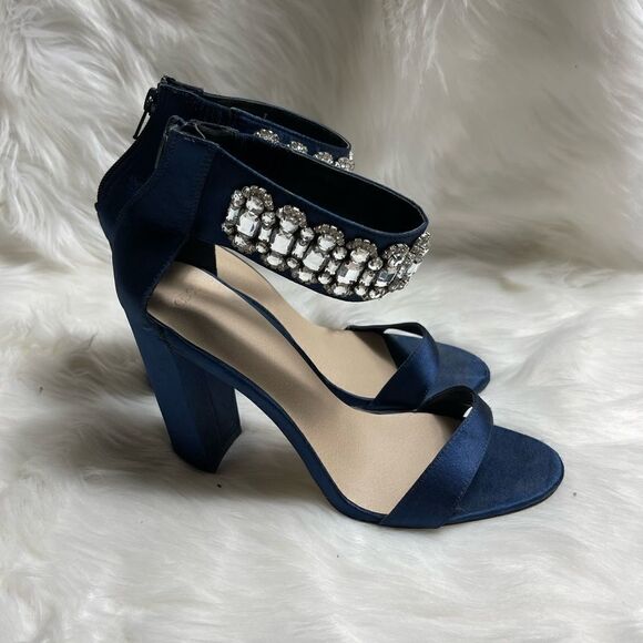 ASOS satin Navy blue Block heels ankle strap sandals with Rhinestones accent SZ7 - Picture 4 of 7